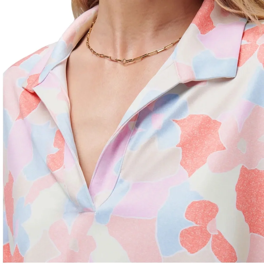 Travis Mathew Boxy Cropped Pink Blue Deco District Polo Shirt Size Small - Picture 3 of 8